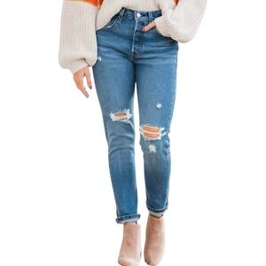 Levi’s 501 Skinny Jeans Jive Tribe Medium Blue 24 x 28 Distressed Button Fly